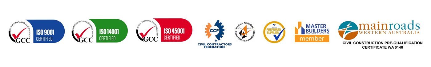 ISO 9001, ISO 14001 and ISO 45001 certified, Civil Contractors Federation, Western Australian Heavy Vehicle Accreditation, WALGA Preferred Supplier, Master Builders Western Australia member, and Main Roads Western Australia Civil Construction Pre-Qualification Certificate WA 0140